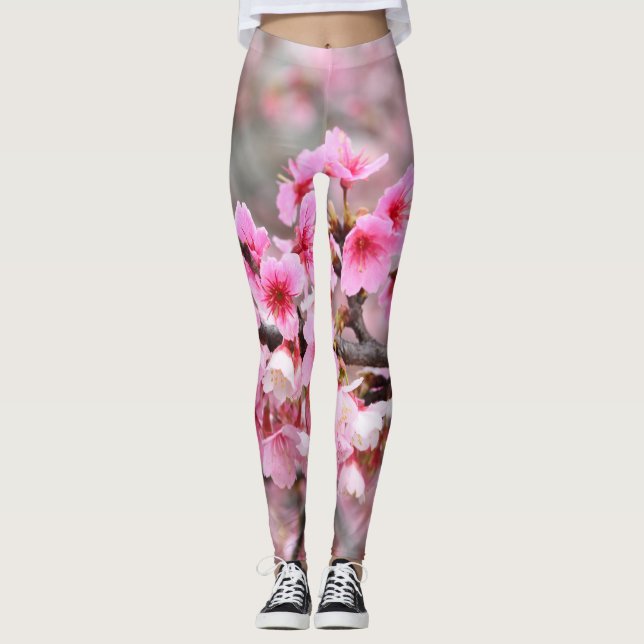 Cherry blommar Japans blommigt rosa Träd Flowers Leggings (Framsida)