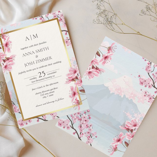 Cherry Blommar Japansk Elegant Guld Bröllop Inbjudningar (Cherry Blossom Wedding Invitation)