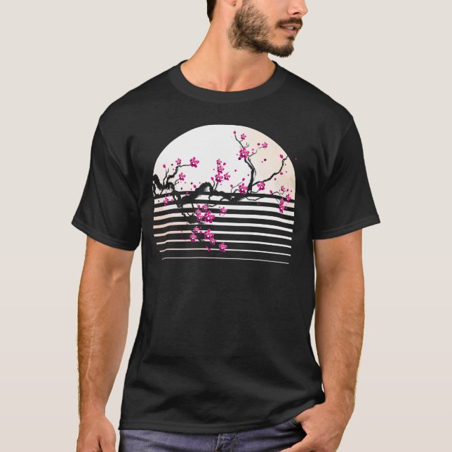 Cherry Blommar Japansk Retro Sunset Sakura Träd T Shirt (Framsida)