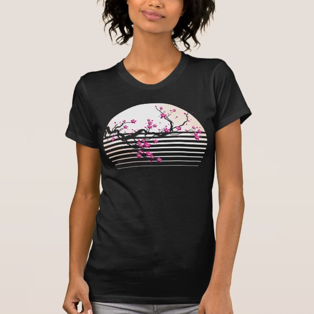 Cherry Blommar Japansk Retro Sunset Sakura Träd T Shirt (Framsida)