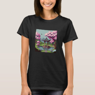 Cherry Blommar Japansk shrine Pond retro 16 bit vi T Shirt