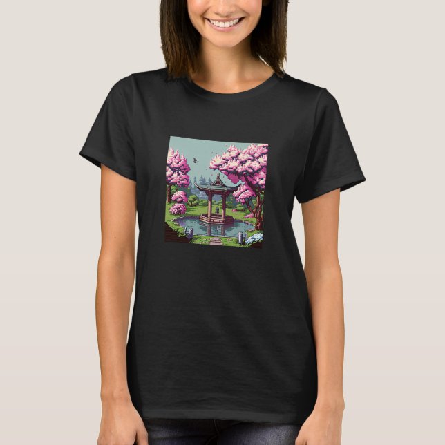 Cherry Blommar Japansk shrine Pond retro 16 bit vi T Shirt (Framsida)