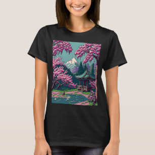 Cherry Blommar Japansk shrine Pond-retro 16-bitars T Shirt