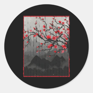 Cherry Blommar Japansk Woodblock Runt Klistermärke