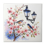 Cherry Blommar Kakelplatta<br><div class="desc">Körsbärs Blommar, populär illustration med fåglar och blommor.</div>