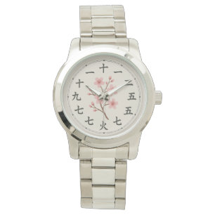 Cherry Blommar Kanji Clock Ansikte Design Armbandsur