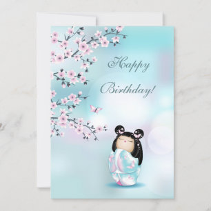 Cherry Blommar Kokeshi Doll Birthday Kort