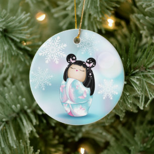 Cherry Blommar Kokeshi Doll Winter Snöflingor Julgransprydnad Keramik