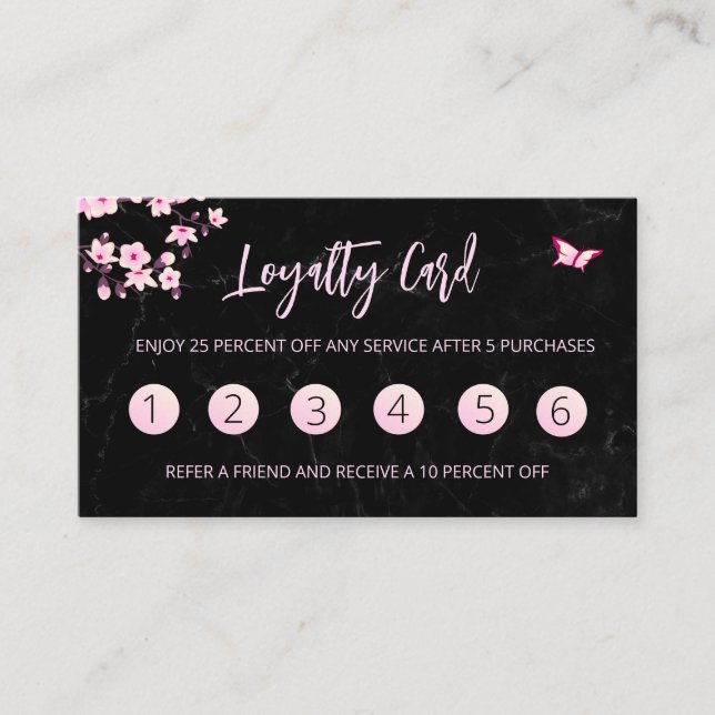 Cherry Blommar Loyalty Card Rosa Black Marble Visitkort (Framsida)