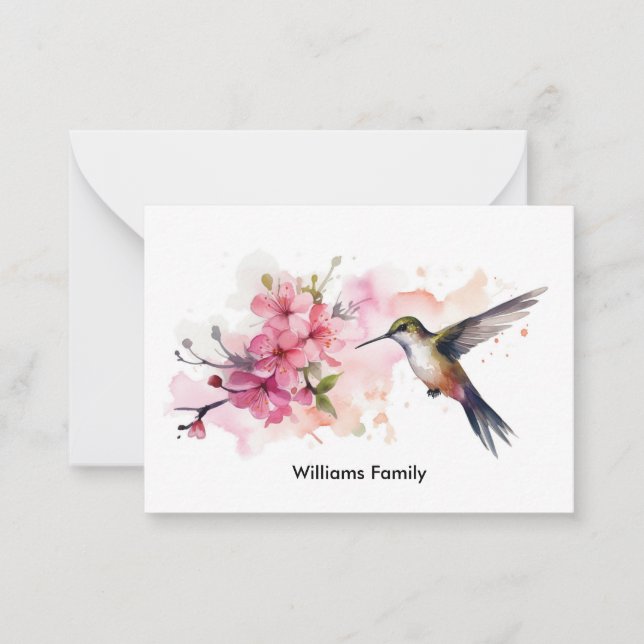 Cherry Blommar med Hummingbird Note Card Anteckningskort (Framsida)