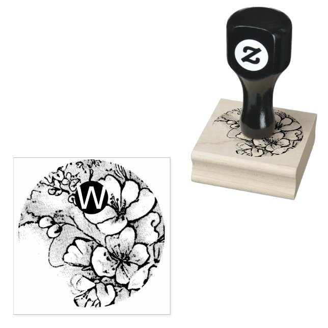 Cherry Blommar Monogram Wood Art Frimärke Stämpel (Stämplad)