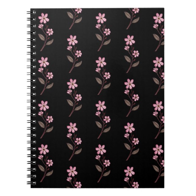 Cherry Blommar Notebook - Black Mönster Anteckningsbok (Framsidan)