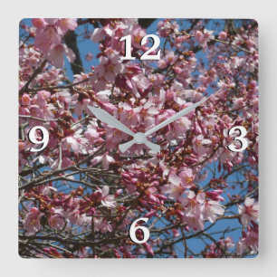 Cherry Blommar och Blå himmel Vår Blommigten Fyrkantig Klocka