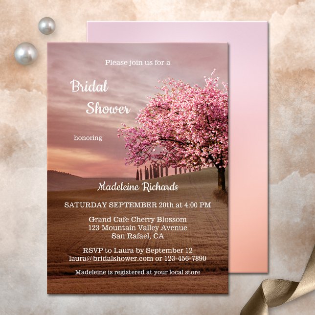 Cherry Blommar Orchard Inbjudningskort för möhippa (Bridal shower invitation featuring a fantasy landscape painting with a blossoming cherry tree)