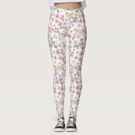 Cherry Blommar Pastel Rosa Flowers Grönt Löv Leggings