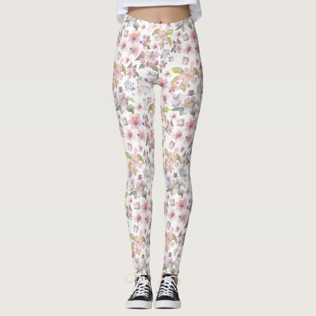Cherry Blommar Pastel Rosa Flowers Grönt Löv Leggings (Framsida)