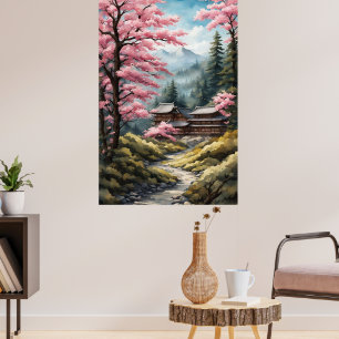 Cherry Blommar Poster, japansk skogsvattenfärg Poster
