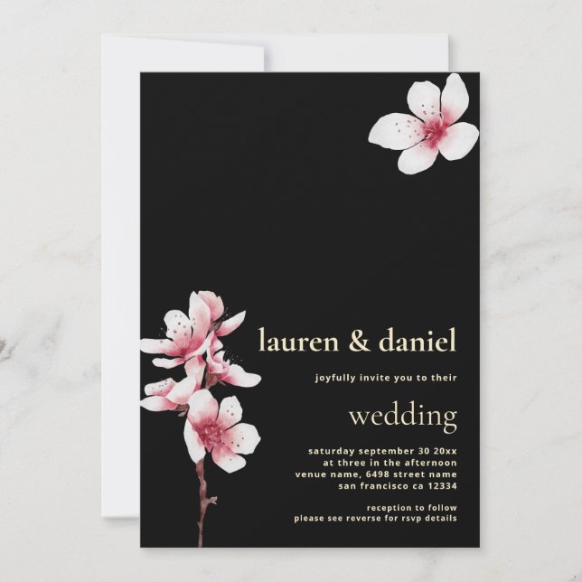 Cherry Blommar QR Champagne Guld Black Inbjudningar (Framsida)