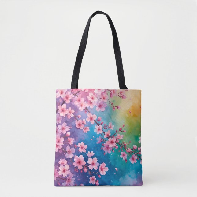 Cherry Blommar Rainbow Himmel Tote Tygkasse (Framsida)
