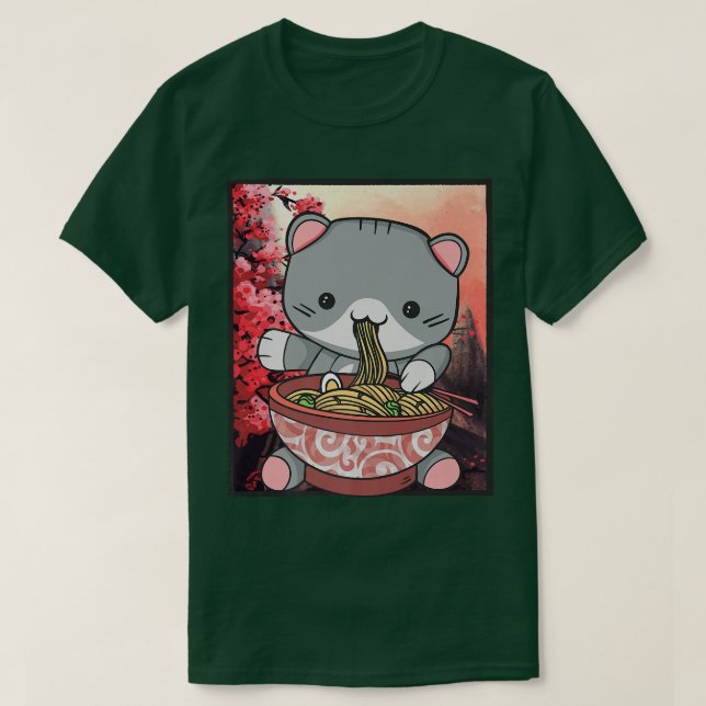 Cherry Blommar Ramen Cat Kawaii T Shirt (Design framsida)