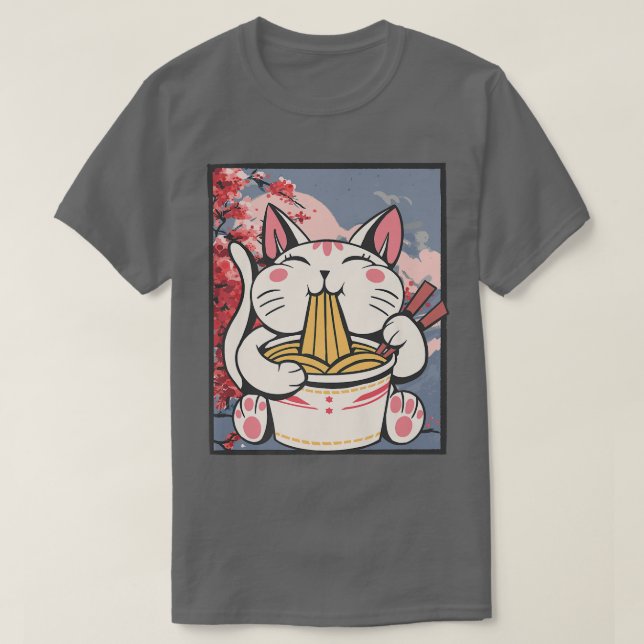 Cherry Blommar Ramen Cat Kawaii T Shirt (Design framsida)