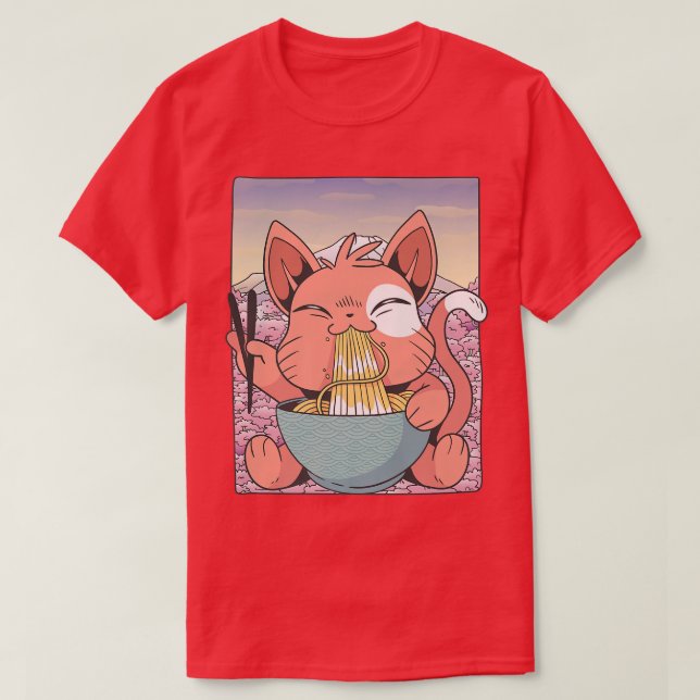 Cherry Blommar Ramen Cat Kawaii T Shirt (Design framsida)