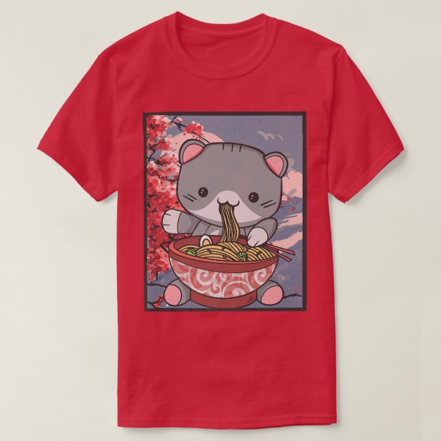 Cherry Blommar Ramen Cat Kawaii T Shirt (Design framsida)
