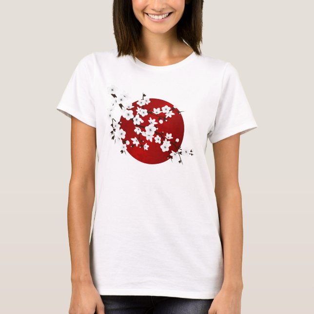 Cherry Blommar Red Black White Stigning Sol T Shirt (Framsida)