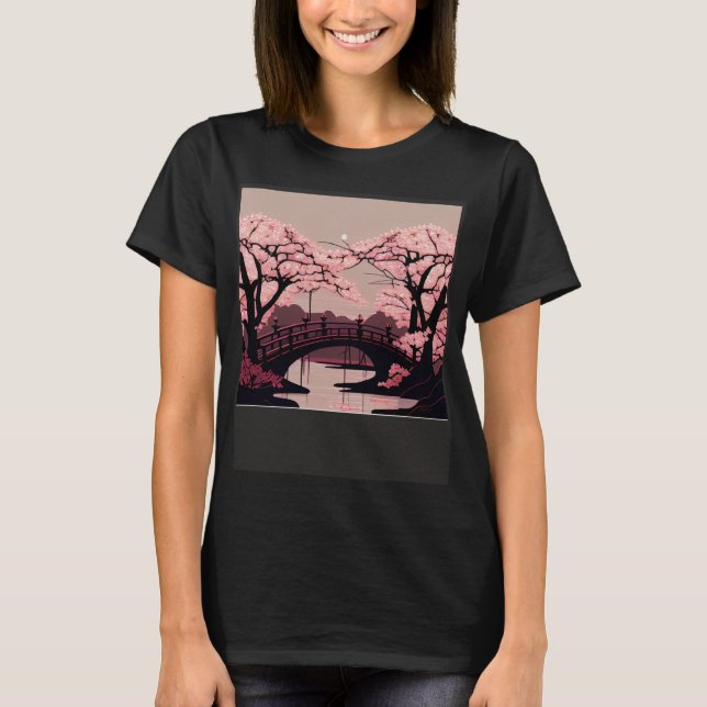 Cherry Blommar River och Bridge Artwork Stunning G T Shirt (Framsida)