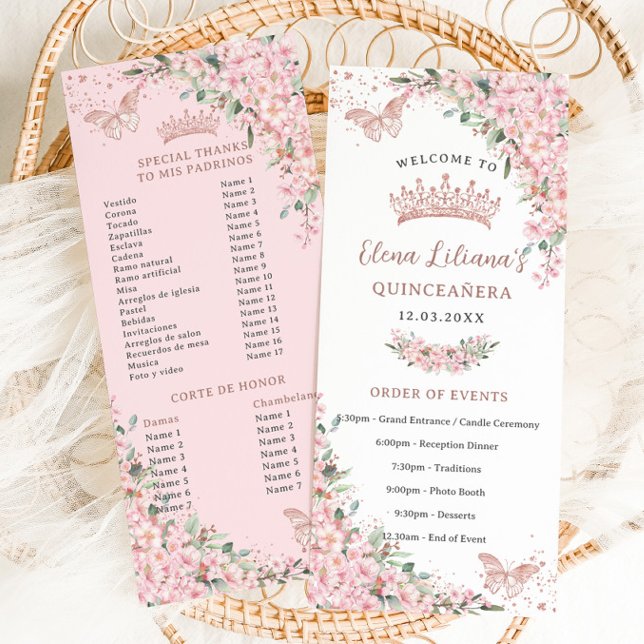 Cherry Blommar Ro Butterflies Slim Programme Meny (quinceanera-slim-events-program-cards-blush-pink-cherry-blossoms-flowers-sakura-floral-butterflies)