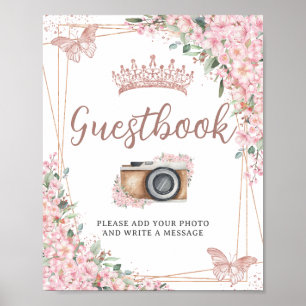 Cherry Blommar Ro Guld Butterflies Guestbook Poster