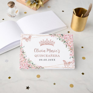 Cherry Blommar Ro Guld Butterflies Quinceanera Gästböcker