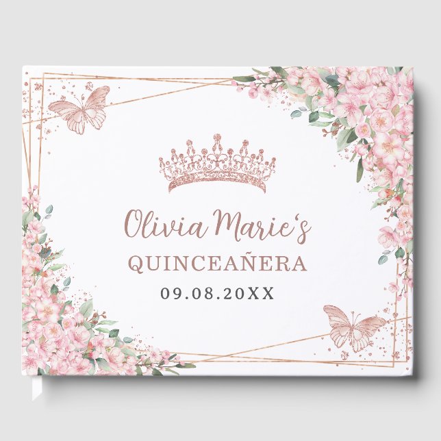 Cherry Blommar Ro Guld Butterflies Quinceanera Gästböcker (Framsida)