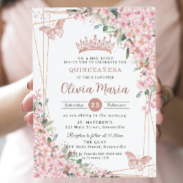 Cherry Blommar Ro Guld Butterflies Quinceañera Inbjudningar