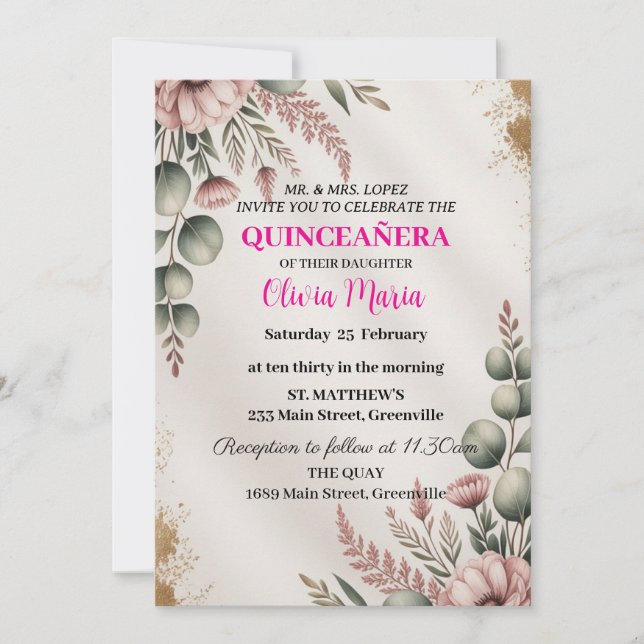 Cherry Blommar Ro Guld Butterflies Quinceañera Inbjudningar (Framsida)
