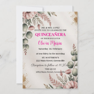 Cherry Blommar Ro Guld Butterflies Quinceañera Inbjudningar