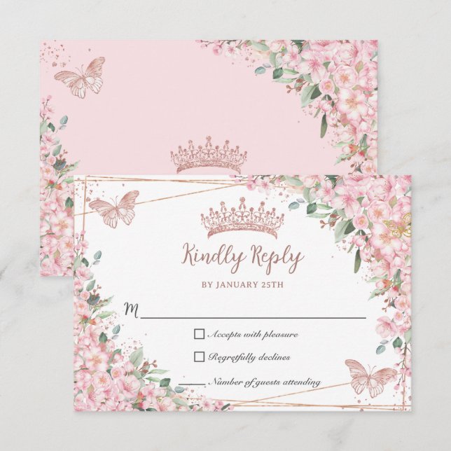 Cherry Blommar Ro Guld Butterflies Quinceañera OSA Kort (Fram/baksida)