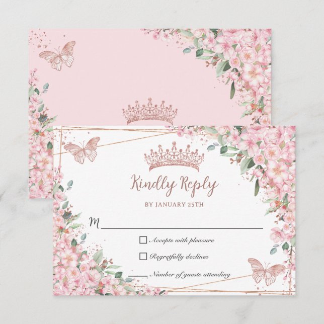Cherry Blommar Ro Guld Butterflies Quinceañera OSA Kort (Fram/baksida)
