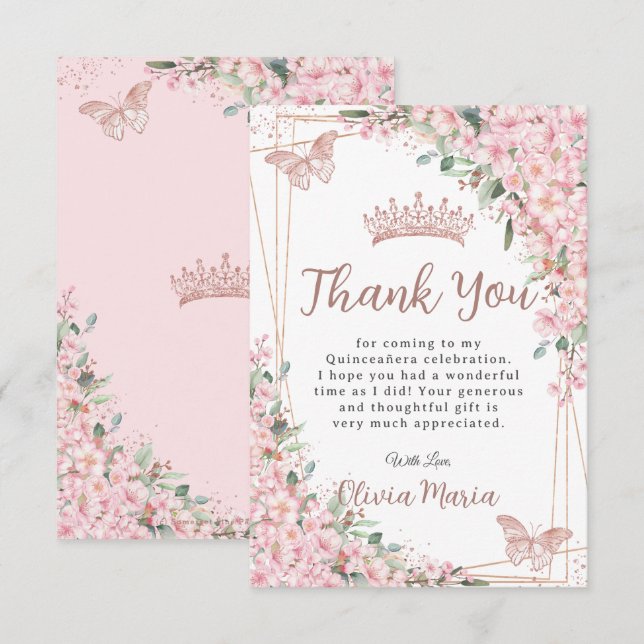 Cherry Blommar Ro Guld Butterflies Quinceañera Tack Kort (Fram/baksida)