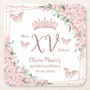 Cherry Blommar Ro Guld Butterflies Quinceanera Underlägg Papper Kvadrat