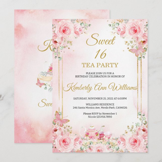 Cherry Blommar Ro Guld Butterflies Sweet 16 Inbjudningar (Fram/baksida)
