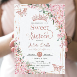 Cherry Blommar Ro Guld Butterflies Sweet 16 Inbjudningar