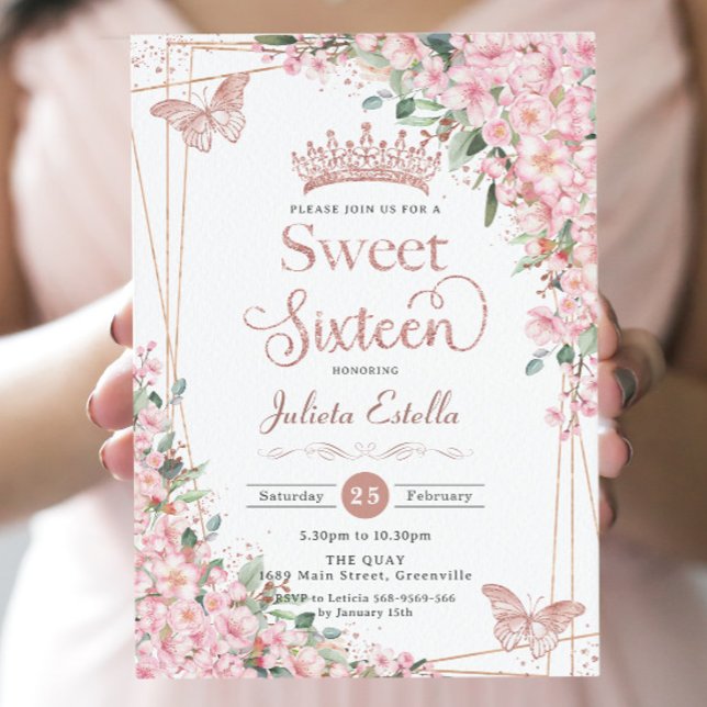 Cherry Blommar Ro Guld Butterflies Sweet 16 Inbjudningar (Skapare uppladdad)