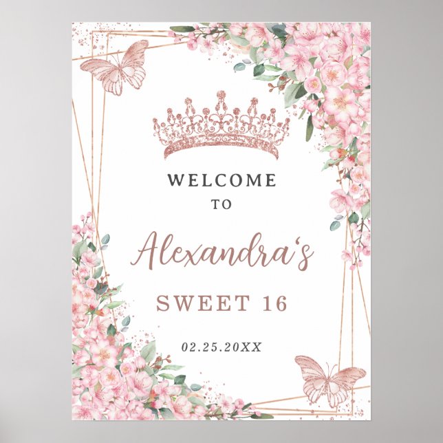 Cherry Blommar Ro Guld Butterflies Sweet 16 Poster (Framsidan)