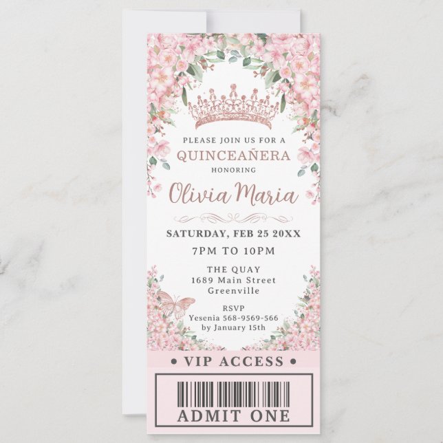 Cherry Blommar Ro Guld Quinceañera VIP Biljett Inbjudningar (Framsida)