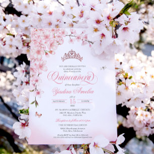 Cherry Blommar Ro Guld Tiara Rosa Quinceañera Inbjudningar