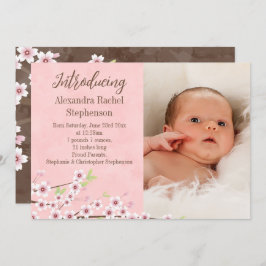 Cherry Blommar Rosa & Brown Flicka Photo Birth Meddelande