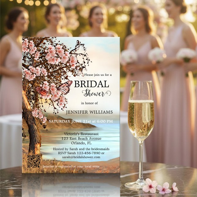 Cherry Blommar Rosa Butterfly Möhippa  Inbjudningar (Original bridal shower invitation featuring pink butterflies on a blossoming cherry tree at a lake)