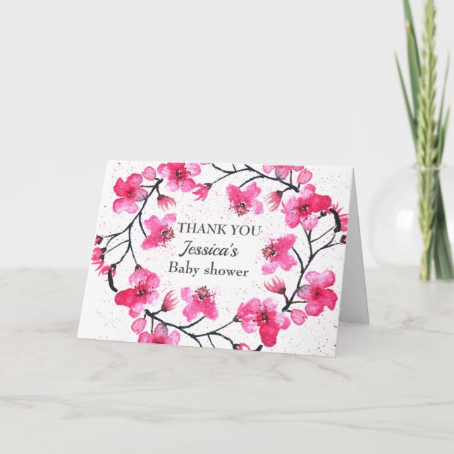 Cherry Blommar Rosa Flowers Baby Shower Girl Tack Kort (Framsida)