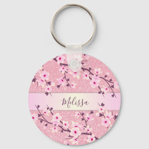 Cherry Blommar Rosa Glitter Add Namn Nyckelring